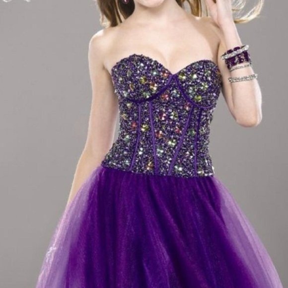Stunning Purple Strapless Embellished Ball Gown Size 6
